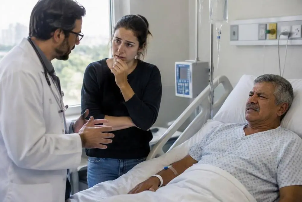 Médico conversando com a filha ao lado da maca onde o taxista está deitado