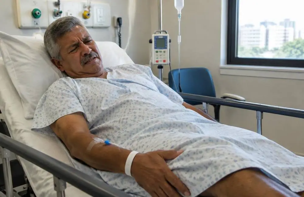 Taxista internado em uma maca de hospital com a mão na perna